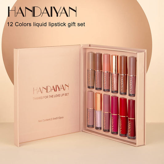 Handaiyan 12-Piece Book Style Velvet Liquid Matte Lipstick Waterproof, Non Stick, Nude Lip Glossy Combo Pack Lipsticks For Women - Thanks For The Love Lip Set (12 Colour Liquid Lipstick Set)